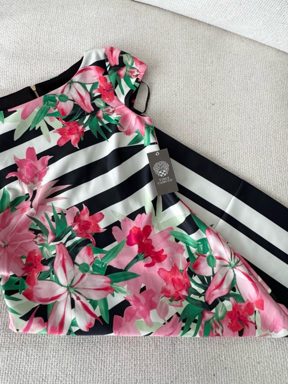 Vince Camuto Black & White Stripe Dress with Pink Floral Print